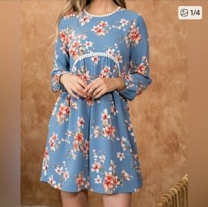 Perfect Peach Blue Babydoll Dress Floral Long Sleeve Crochet Waist Cottagecore